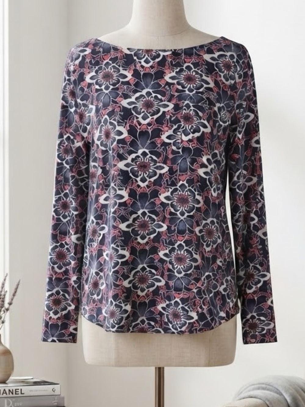 LOFT Navy Floral Boatneck Long-Sleeve Blouse